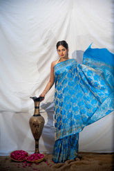 Royal Blue Mushru Satin Saree With Meenakari Jaal Work